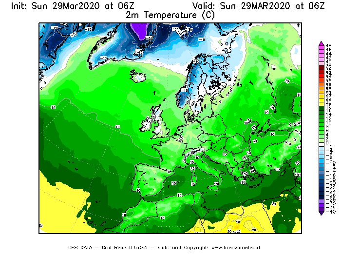 Mappa di analisi GFS - Temperatura a 2 metri dal suolo [°C] in Europa
							del 29/03/2020 06 <!--googleoff: index-->UTC<!--googleon: index-->