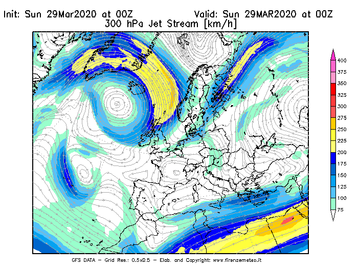 Mappa di analisi GFS - Jet Stream a 300 hPa in Europa
							del 29/03/2020 00 <!--googleoff: index-->UTC<!--googleon: index-->