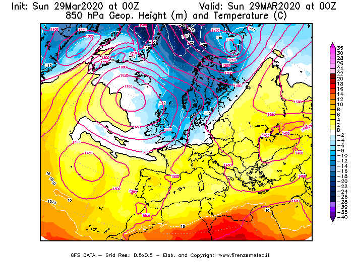 Mappa di analisi GFS - Geopotenziale [m] e Temperatura [°C] a 850 hPa in Europa
							del 29/03/2020 00 <!--googleoff: index-->UTC<!--googleon: index-->