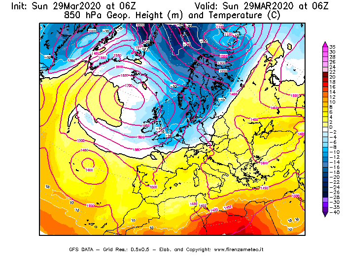 Mappa di analisi GFS - Geopotenziale [m] e Temperatura [°C] a 850 hPa in Europa
							del 29/03/2020 06 <!--googleoff: index-->UTC<!--googleon: index-->