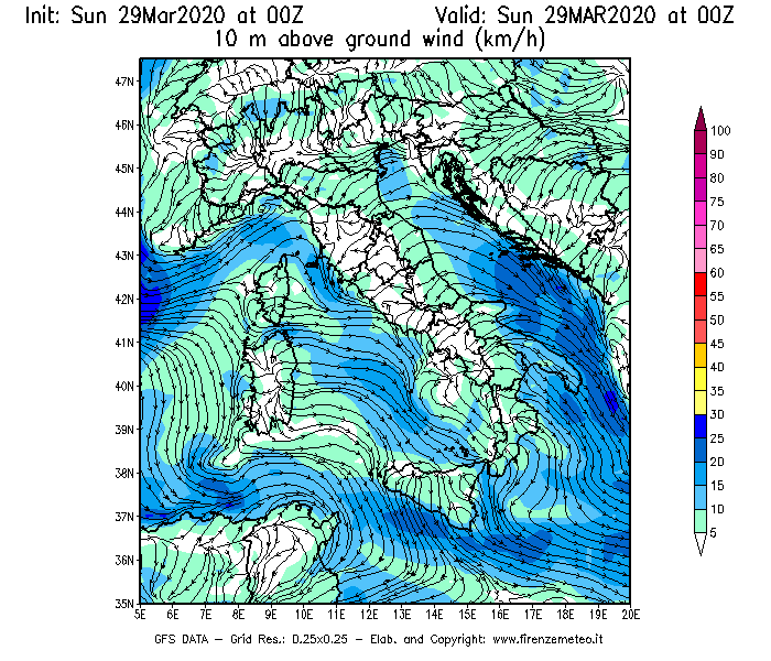 Mappa di analisi GFS - Velocità del vento a 10 metri dal suolo [km/h] in Italia
							del 29/03/2020 00 <!--googleoff: index-->UTC<!--googleon: index-->