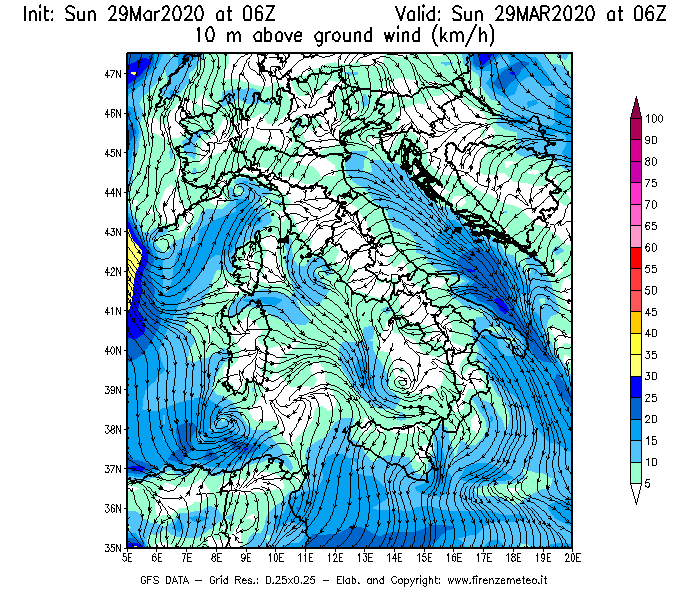 Mappa di analisi GFS - Velocità del vento a 10 metri dal suolo [km/h] in Italia
							del 29/03/2020 06 <!--googleoff: index-->UTC<!--googleon: index-->