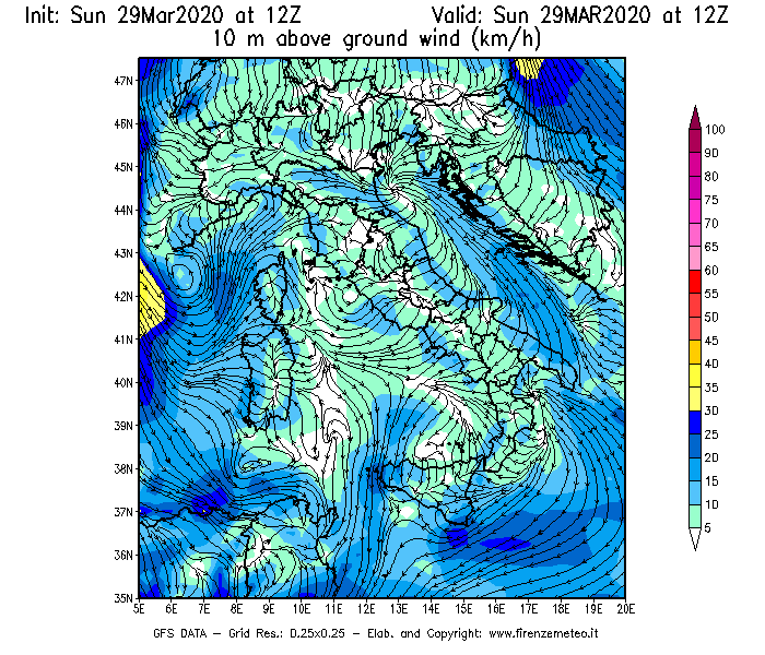 Mappa di analisi GFS - Velocità del vento a 10 metri dal suolo [km/h] in Italia
							del 29/03/2020 12 <!--googleoff: index-->UTC<!--googleon: index-->