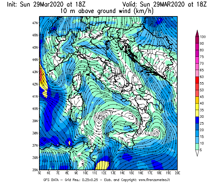 Mappa di analisi GFS - Velocità del vento a 10 metri dal suolo [km/h] in Italia
							del 29/03/2020 18 <!--googleoff: index-->UTC<!--googleon: index-->