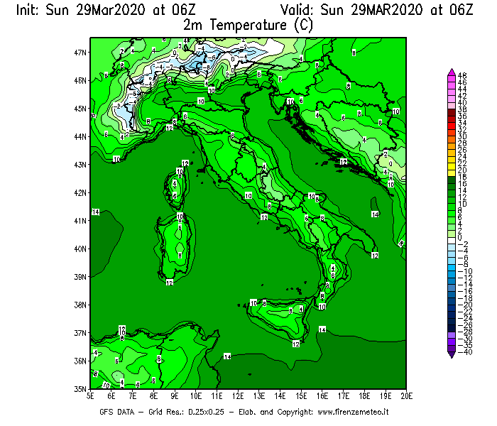 Mappa di analisi GFS - Temperatura a 2 metri dal suolo [°C] in Italia
							del 29/03/2020 06 <!--googleoff: index-->UTC<!--googleon: index-->