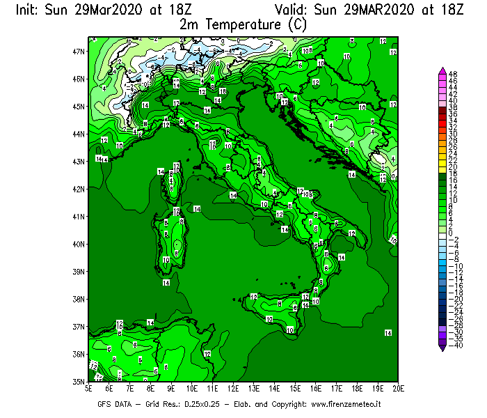 Mappa di analisi GFS - Temperatura a 2 metri dal suolo [°C] in Italia
							del 29/03/2020 18 <!--googleoff: index-->UTC<!--googleon: index-->