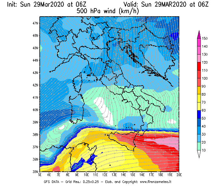 Mappa di analisi GFS - Velocità del vento a 500 hPa [km/h] in Italia
							del 29/03/2020 06 <!--googleoff: index-->UTC<!--googleon: index-->