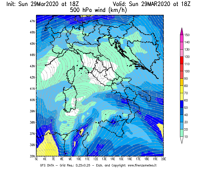 Mappa di analisi GFS - Velocità del vento a 500 hPa [km/h] in Italia
							del 29/03/2020 18 <!--googleoff: index-->UTC<!--googleon: index-->