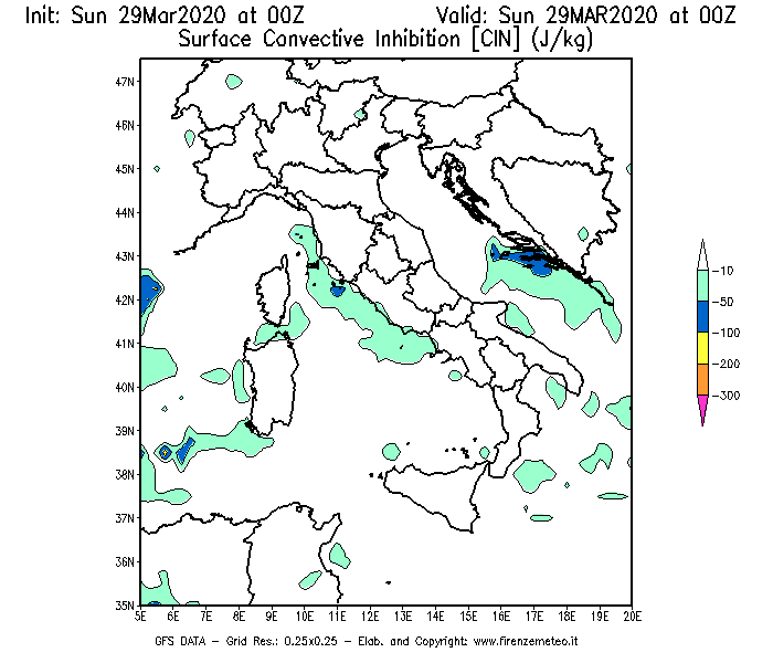Mappa di analisi GFS - CIN [J/kg] in Italia
							del 29/03/2020 00 <!--googleoff: index-->UTC<!--googleon: index-->