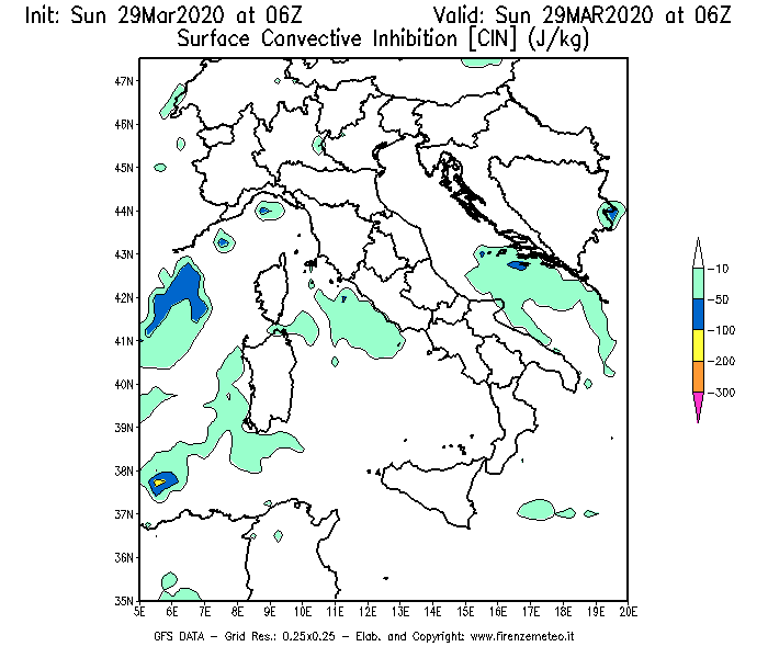 Mappa di analisi GFS - CIN [J/kg] in Italia
							del 29/03/2020 06 <!--googleoff: index-->UTC<!--googleon: index-->