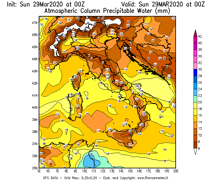Mappa di analisi GFS - Precipitable Water [mm] in Italia
							del 29/03/2020 00 <!--googleoff: index-->UTC<!--googleon: index-->
