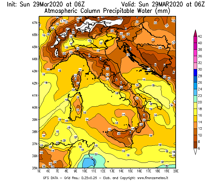 Mappa di analisi GFS - Precipitable Water [mm] in Italia
							del 29/03/2020 06 <!--googleoff: index-->UTC<!--googleon: index-->