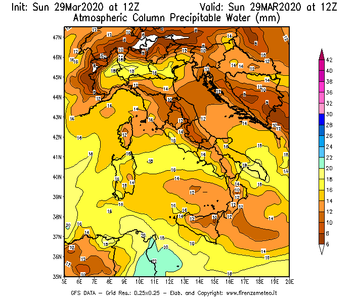 Mappa di analisi GFS - Precipitable Water [mm] in Italia
							del 29/03/2020 12 <!--googleoff: index-->UTC<!--googleon: index-->