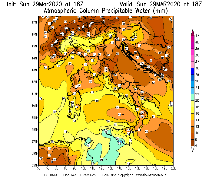 Mappa di analisi GFS - Precipitable Water [mm] in Italia
							del 29/03/2020 18 <!--googleoff: index-->UTC<!--googleon: index-->