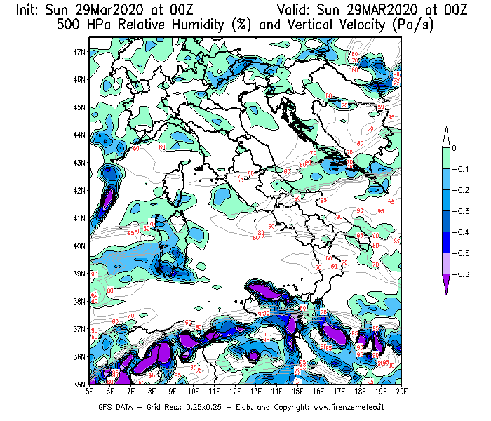 Mappa di analisi GFS - Umidità relativa [%] e Omega [Pa/s] a 500 hPa in Italia
							del 29/03/2020 00 <!--googleoff: index-->UTC<!--googleon: index-->