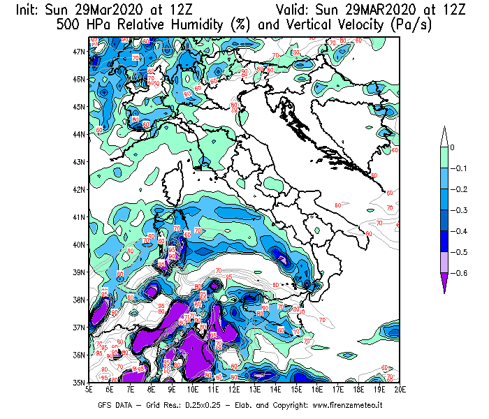 Mappa di analisi GFS - Umidità relativa [%] e Omega [Pa/s] a 500 hPa in Italia
							del 29/03/2020 12 <!--googleoff: index-->UTC<!--googleon: index-->