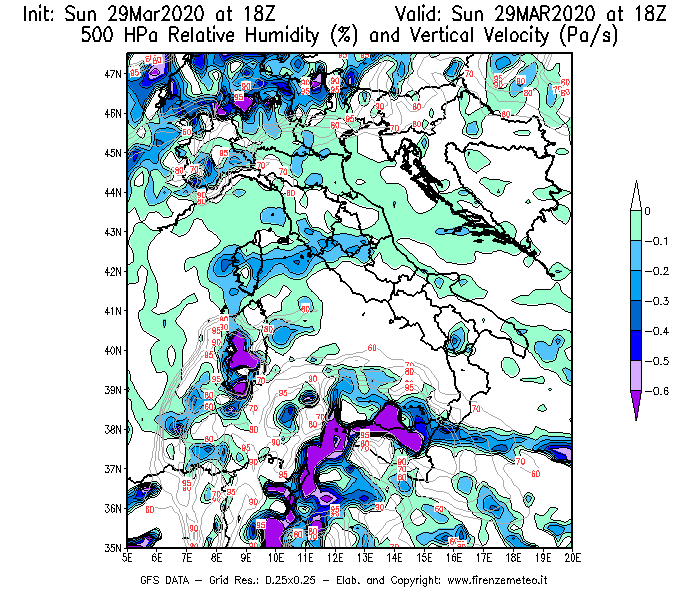 Mappa di analisi GFS - Umidità relativa [%] e Omega [Pa/s] a 500 hPa in Italia
							del 29/03/2020 18 <!--googleoff: index-->UTC<!--googleon: index-->