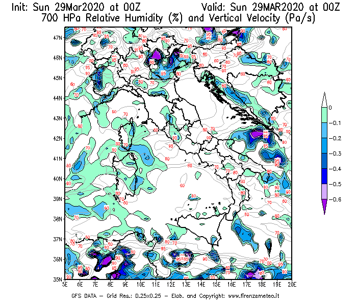 Mappa di analisi GFS - Umidità relativa [%] e Omega [Pa/s] a 700 hPa in Italia
							del 29/03/2020 00 <!--googleoff: index-->UTC<!--googleon: index-->