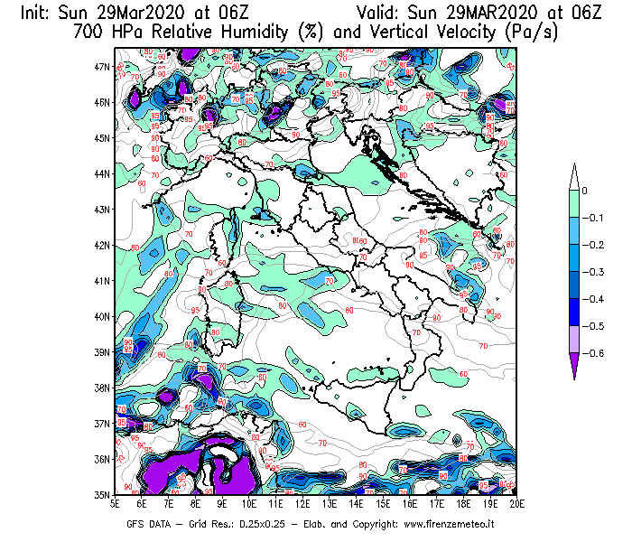 Mappa di analisi GFS - Umidità relativa [%] e Omega [Pa/s] a 700 hPa in Italia
							del 29/03/2020 06 <!--googleoff: index-->UTC<!--googleon: index-->