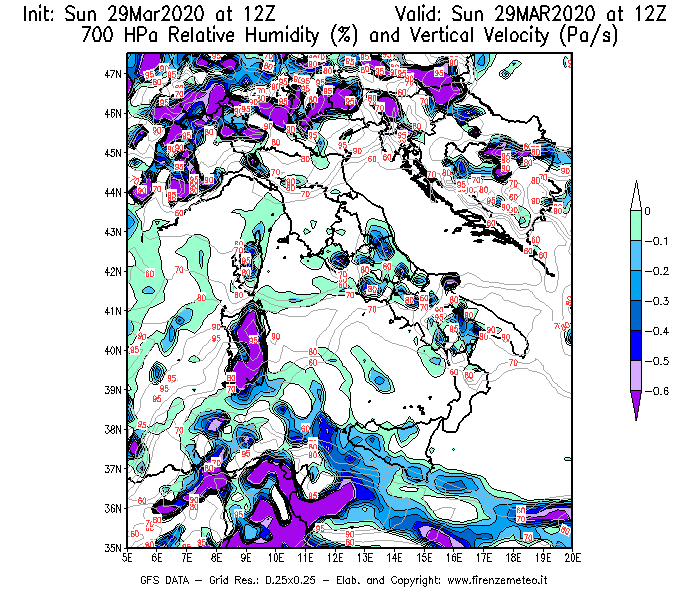 Mappa di analisi GFS - Umidità relativa [%] e Omega [Pa/s] a 700 hPa in Italia
							del 29/03/2020 12 <!--googleoff: index-->UTC<!--googleon: index-->