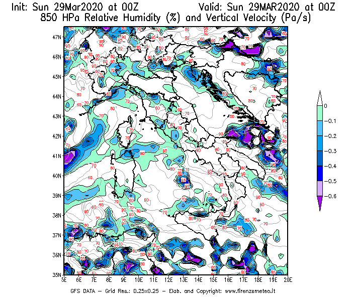 Mappa di analisi GFS - Umidità relativa [%] e Omega [Pa/s] a 850 hPa in Italia
							del 29/03/2020 00 <!--googleoff: index-->UTC<!--googleon: index-->
