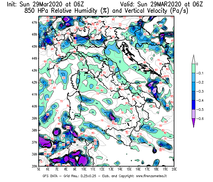 Mappa di analisi GFS - Umidità relativa [%] e Omega [Pa/s] a 850 hPa in Italia
							del 29/03/2020 06 <!--googleoff: index-->UTC<!--googleon: index-->
