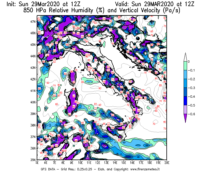 Mappa di analisi GFS - Umidità relativa [%] e Omega [Pa/s] a 850 hPa in Italia
							del 29/03/2020 12 <!--googleoff: index-->UTC<!--googleon: index-->