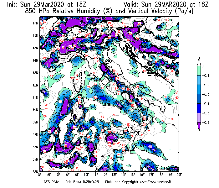 Mappa di analisi GFS - Umidità relativa [%] e Omega [Pa/s] a 850 hPa in Italia
							del 29/03/2020 18 <!--googleoff: index-->UTC<!--googleon: index-->