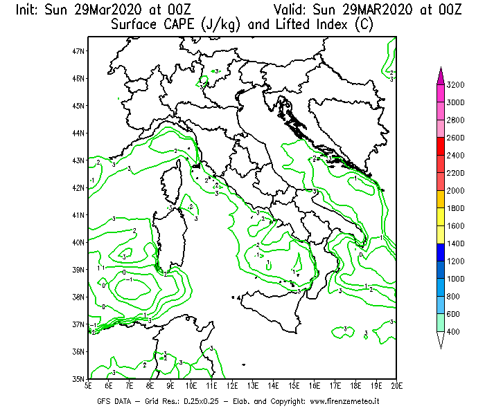 Mappa di analisi GFS - CAPE [J/kg] e Lifted Index [°C] in Italia
							del 29/03/2020 00 <!--googleoff: index-->UTC<!--googleon: index-->