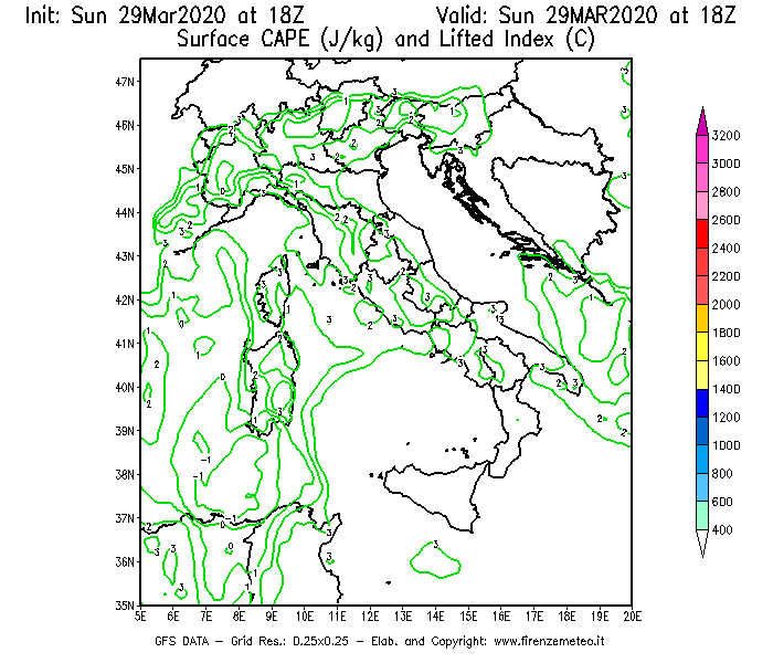 Mappa di analisi GFS - CAPE [J/kg] e Lifted Index [°C] in Italia
							del 29/03/2020 18 <!--googleoff: index-->UTC<!--googleon: index-->