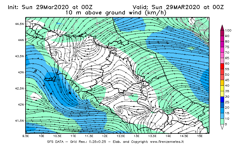 Mappa di analisi GFS - Velocità del vento a 10 metri dal suolo [km/h] in Centro-Italia
							del 29/03/2020 00 <!--googleoff: index-->UTC<!--googleon: index-->