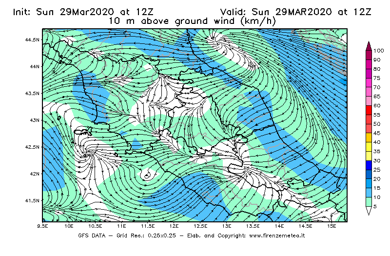 Mappa di analisi GFS - Velocità del vento a 10 metri dal suolo [km/h] in Centro-Italia
							del 29/03/2020 12 <!--googleoff: index-->UTC<!--googleon: index-->
