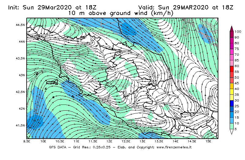 Mappa di analisi GFS - Velocità del vento a 10 metri dal suolo [km/h] in Centro-Italia
							del 29/03/2020 18 <!--googleoff: index-->UTC<!--googleon: index-->