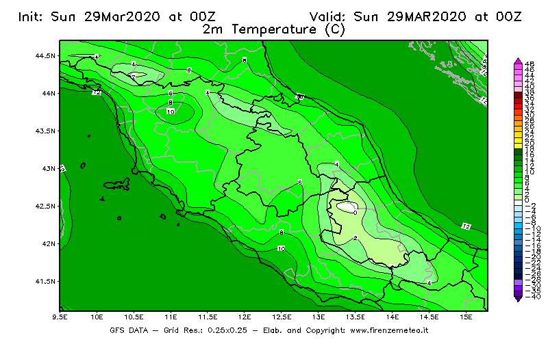 Mappa di analisi GFS - Temperatura a 2 metri dal suolo [°C] in Centro-Italia
							del 29/03/2020 00 <!--googleoff: index-->UTC<!--googleon: index-->