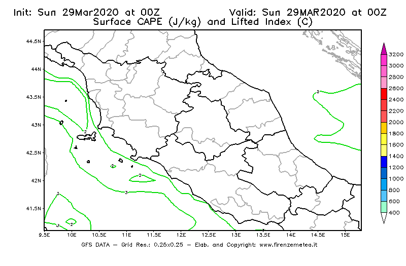 Mappa di analisi GFS - CAPE [J/kg] e Lifted Index [°C] in Centro-Italia
							del 29/03/2020 00 <!--googleoff: index-->UTC<!--googleon: index-->