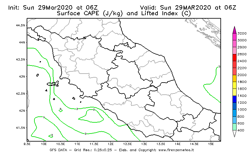 Mappa di analisi GFS - CAPE [J/kg] e Lifted Index [°C] in Centro-Italia
							del 29/03/2020 06 <!--googleoff: index-->UTC<!--googleon: index-->