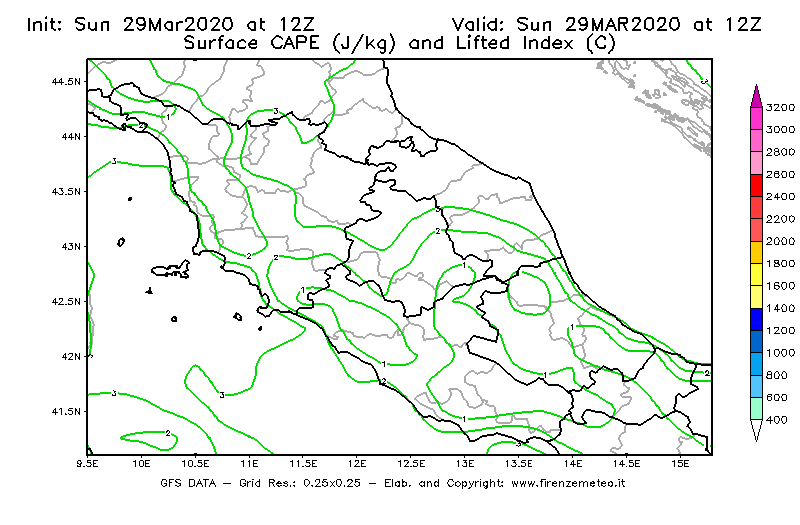 Mappa di analisi GFS - CAPE [J/kg] e Lifted Index [°C] in Centro-Italia
							del 29/03/2020 12 <!--googleoff: index-->UTC<!--googleon: index-->