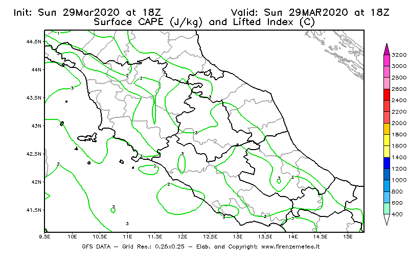 Mappa di analisi GFS - CAPE [J/kg] e Lifted Index [°C] in Centro-Italia
							del 29/03/2020 18 <!--googleoff: index-->UTC<!--googleon: index-->