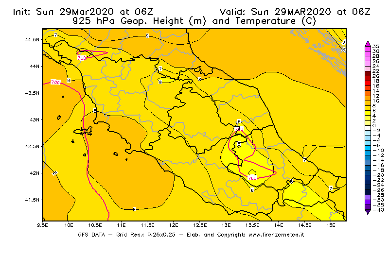 Mappa di analisi GFS - Geopotenziale [m] e Temperatura [°C] a 925 hPa in Centro-Italia
							del 29/03/2020 06 <!--googleoff: index-->UTC<!--googleon: index-->