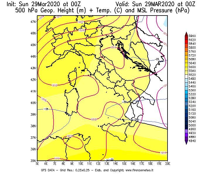 Mappa di analisi GFS - Geopotenziale [m] + Temp. [°C] a 500 hPa + Press. a livello del mare [hPa] in Italia
							del 29/03/2020 00 <!--googleoff: index-->UTC<!--googleon: index-->