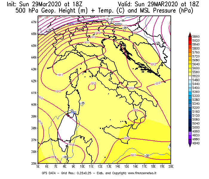 Mappa di analisi GFS - Geopotenziale [m] + Temp. [°C] a 500 hPa + Press. a livello del mare [hPa] in Italia
							del 29/03/2020 18 <!--googleoff: index-->UTC<!--googleon: index-->