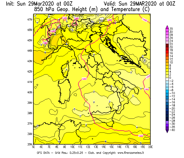 Mappa di analisi GFS - Geopotenziale [m] e Temperatura [°C] a 850 hPa in Italia
							del 29/03/2020 00 <!--googleoff: index-->UTC<!--googleon: index-->
