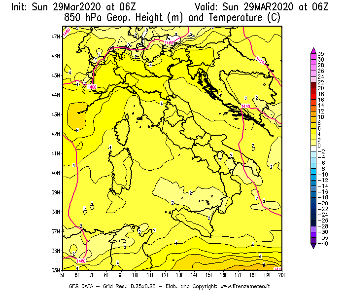 Mappa di analisi GFS - Geopotenziale [m] e Temperatura [°C] a 850 hPa in Italia
							del 29/03/2020 06 <!--googleoff: index-->UTC<!--googleon: index-->