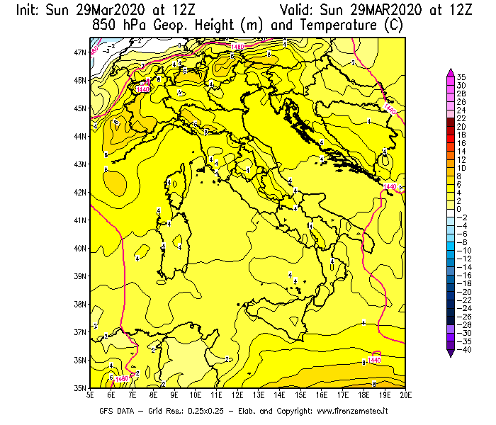 Mappa di analisi GFS - Geopotenziale [m] e Temperatura [°C] a 850 hPa in Italia
							del 29/03/2020 12 <!--googleoff: index-->UTC<!--googleon: index-->