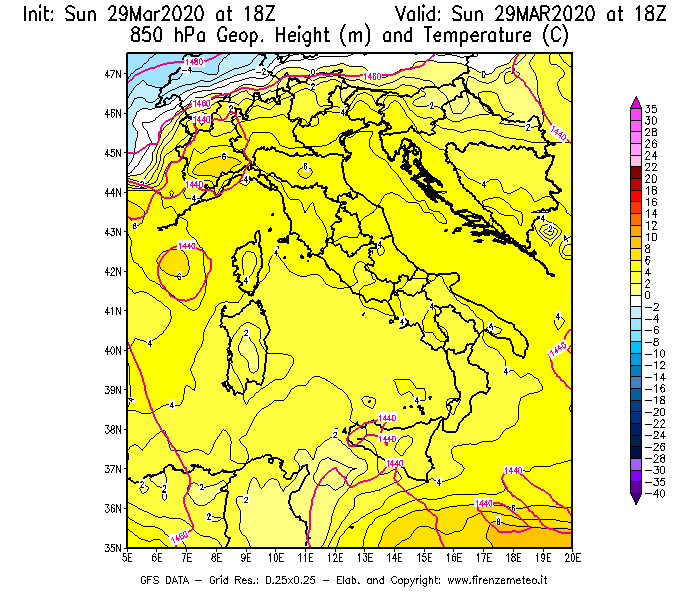 Mappa di analisi GFS - Geopotenziale [m] e Temperatura [°C] a 850 hPa in Italia
							del 29/03/2020 18 <!--googleoff: index-->UTC<!--googleon: index-->
