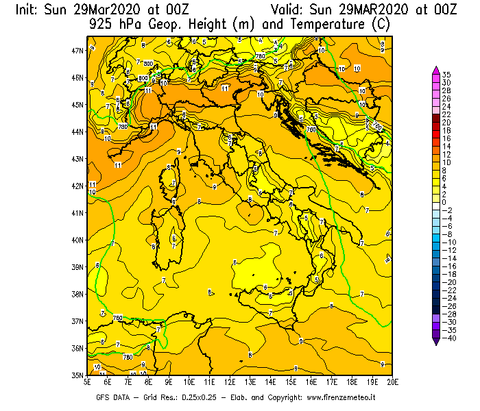 Mappa di analisi GFS - Geopotenziale [m] e Temperatura [°C] a 925 hPa in Italia
							del 29/03/2020 00 <!--googleoff: index-->UTC<!--googleon: index-->