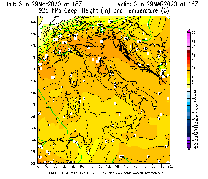 Mappa di analisi GFS - Geopotenziale [m] e Temperatura [°C] a 925 hPa in Italia
							del 29/03/2020 18 <!--googleoff: index-->UTC<!--googleon: index-->