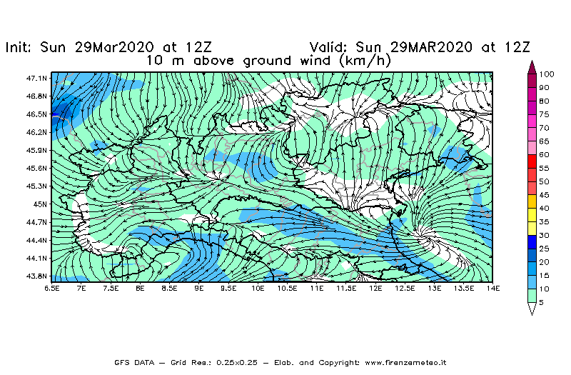 Mappa di analisi GFS - Velocità del vento a 10 metri dal suolo [km/h] in Nord-Italia
							del 29/03/2020 12 <!--googleoff: index-->UTC<!--googleon: index-->