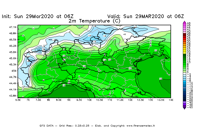 Mappa di analisi GFS - Temperatura a 2 metri dal suolo [°C] in Nord-Italia
							del 29/03/2020 06 <!--googleoff: index-->UTC<!--googleon: index-->
