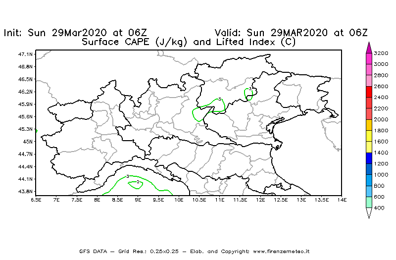Mappa di analisi GFS - CAPE [J/kg] e Lifted Index [°C] in Nord-Italia
							del 29/03/2020 06 <!--googleoff: index-->UTC<!--googleon: index-->
